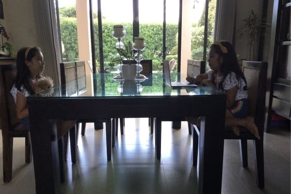 An older Alba in double exposure at dining room table