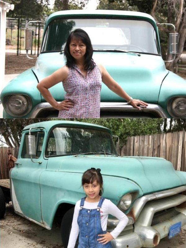 Two photos up and down of Alba and Beth standing in the same 1953 Chevy truck