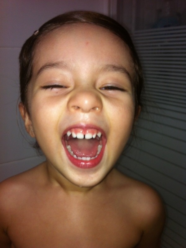 Alba with a crazy, happy face